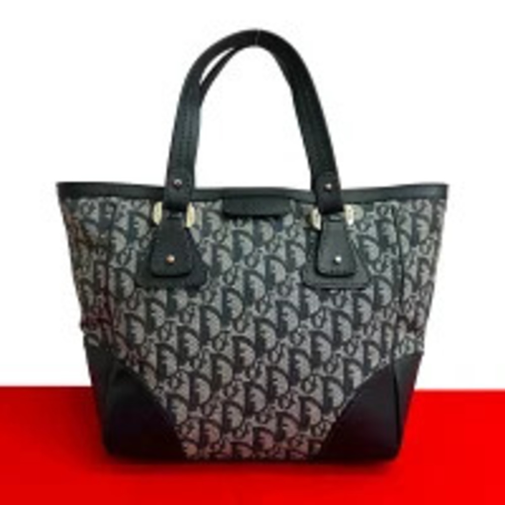 Christian Dior Trotter CD Logo Canvas Leather Handbag Tote Bag Navy Blue